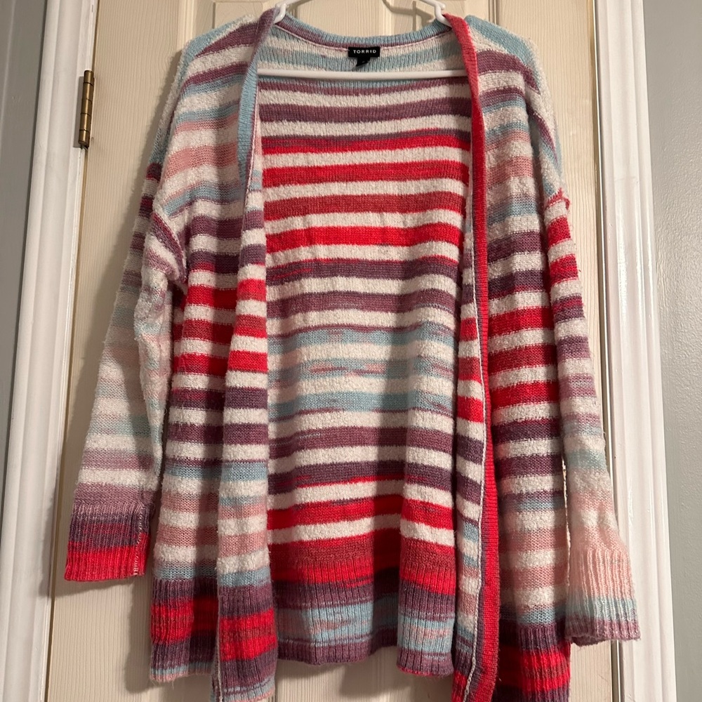 Torrid Red and Pink Striped Cardigan Sweater